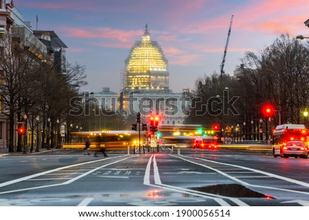Road to the Capitol building in Washington DC at dusk.