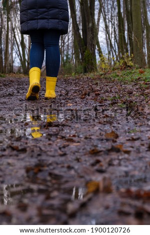 there are brown leaves and water in the ground, yellow boots in the distance