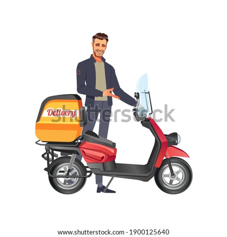 Delivery man with red scooter. Cartoon vector illustration isolated on white background.