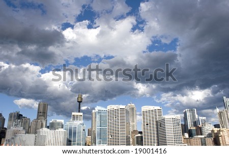 sydney city skyline with intense clouds