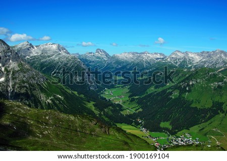 Austrian Alps - view from the cable car station on the top of Rüfikop to the town of Lech in the Lechtal Alps