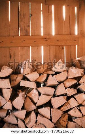 The firewood in the shed is piled up, a supply for the winter. High quality photo