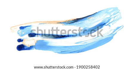 Hand drawn blue and gold brushstroke swash. Paint swatch smear isolated on white background. Wave stain splash art stroke. Abstract creative glossy texture splatter. Painted holiday glamour clipart