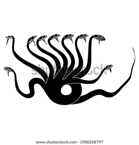 Ancient Greek Hydra. Mythological dragon monster with many heads. Black and white silhouette.