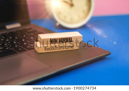 New normal 2021 concept workspace with laptop, work from home background photo