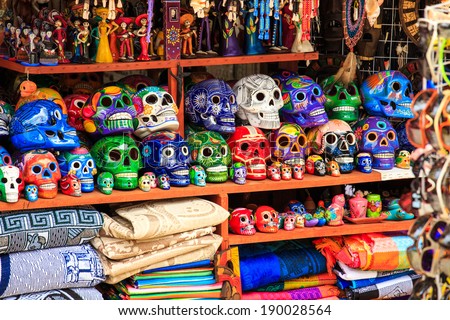 Colorful skulls souvenirs in Playa del Carmen, Mexico Royalty-Free Stock Photo #190028564