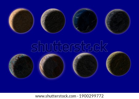 3D image. Set of six planets on blue isolated background
