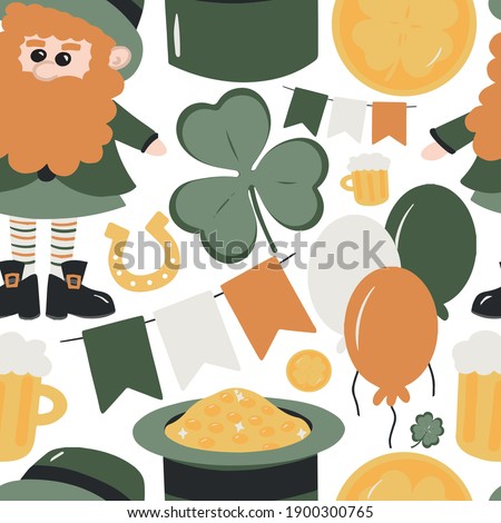 Happy St. Patrick's Day Background with Irish Icons. Vector illustration. Symbols of St Patrick's Day. Leprechaun, gold and coins, treasures. Seamless pattern of the traditional holiday symbols.