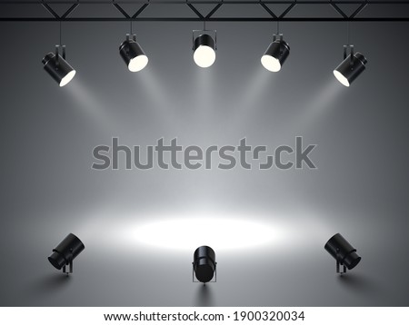 Spotlights with bright white light shining stage. Illuminated effect projector. Illustration of projector for studio. Vector illustration Royalty-Free Stock Photo #1900320034