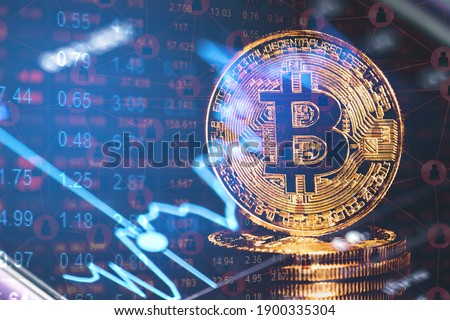 Gold bitcoin with stock graph for background, Gold Bitcoin Cryptocurrency Coins. Stock Market Concept, digital money and stock business. Royalty-Free Stock Photo #1900335304