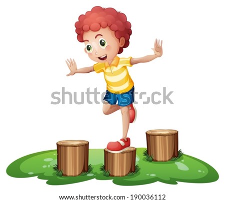 Illustration of a cute young boy playing above the stumps on a white background