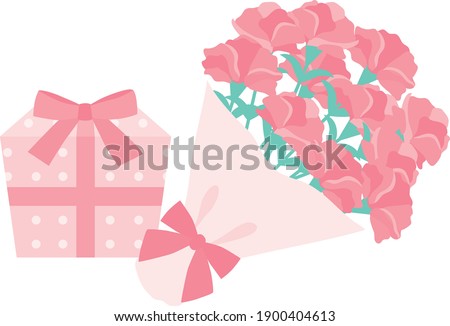 The bouquet of pink carnation and gift box of the Mother's Day