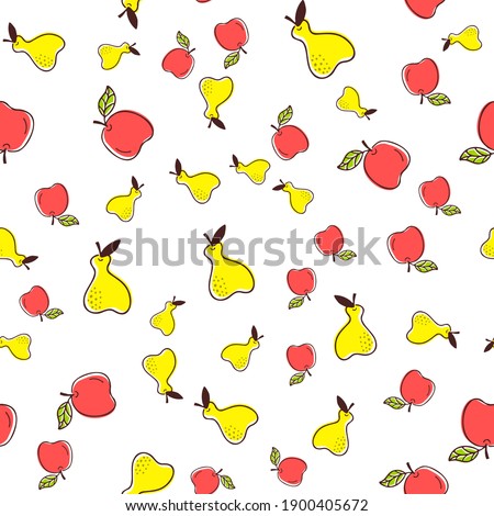 Seamless vector pattern with pear, apple. Colored pattern on white background