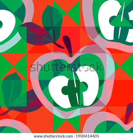 Decorative apples with leaves seamless pattern. Image on a yellow background.