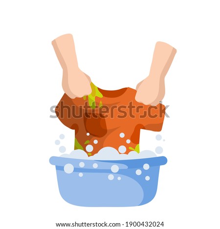 Washing clothes in basin of soapy water. Hands holding t-shirt. Household chores. Clean and wash. Stain removal. Flat cartoon illustration