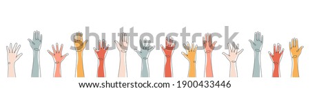 Raised hands. Teamwork, collaboration, voting, volunteering concert. Applause hand drawn. Vector illustration Royalty-Free Stock Photo #1900433446