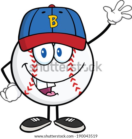 Baseball Ball With Cap Cartoon Mascot Character Waving. Raster Illustration Isolated on white