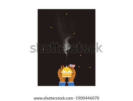 Hand holding cupcake with candle and smoke with Flag.Concept of President handover.Task of new president of united state.