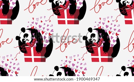 Cute pandas seamless pattern with hearts, gift boxes, lettering Love in flat and hand drawn styles. Vector illustration for Valentines day, greeting cards, posters, digital and wrapping papers