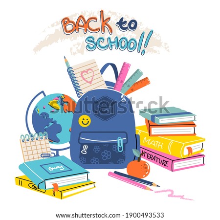 Set of school supplies composition. Back to school lettering. Children's subjects for study. Vector illustration in a flat style on a white background. All objects are isolated