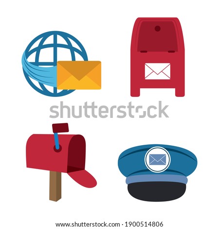 postal service, courier delivery icons world mail message mailbox and uniform cap vector illustration