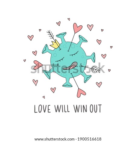 A lot of cupid of arrows dart coronavirus. Quot Love will win out everything, Covid 19, pandemic. Concept vector illustration for Valentines day, 14 February. Can use for card, mail, banner. Royalty-Free Stock Photo #1900516618