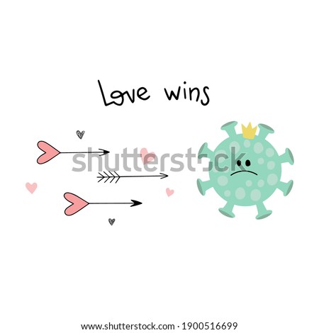 A lot of cupid of arrows fly to coronavirus. Quot Love wins everything, Covid 19, pandemic. Concept vector illustration for Valentines day, 14 February Royalty-Free Stock Photo #1900516699