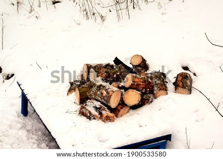 A large pile of firewood for the boiler lies in the snow