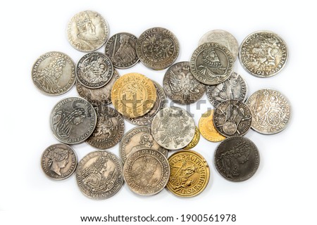 Collection of the medieval coins on the white background