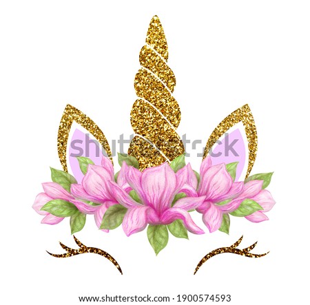 Fabulous cute unicorn with golden gilded horn and beautiful magnolia flowers wreath isolated on white background