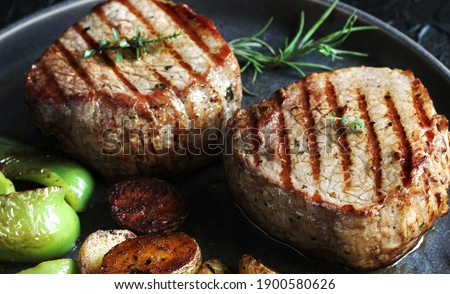 grill filet mignon and vegetables, grilled. steak mignon from the meat of young beef
