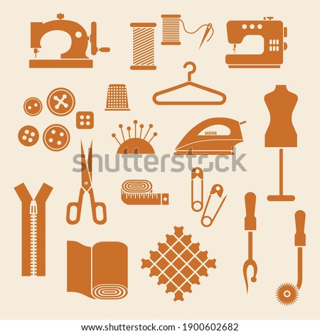 Set of 22 brown vector sewing supplies and tools icons on beige background