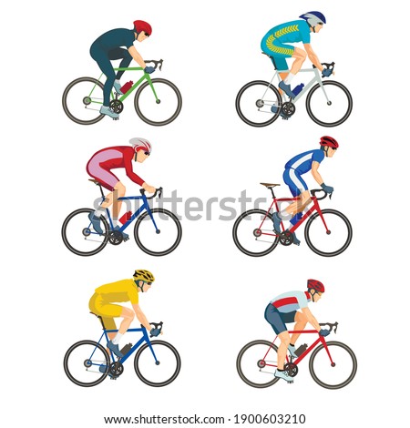 Set of 6 multicolored vector icons of sportsmans with bicycles