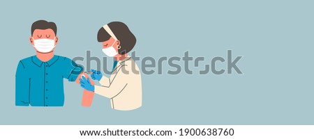 Banner with copy space for your text. Doctor or nurse wearing a protective mask injects a vaccine into a man. Flu vaccination concept. Coronavirus vaccine. Vector flat illustration.