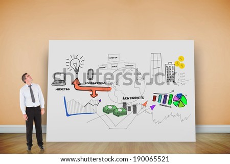 Composite image of businessman looking up against white card