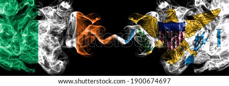 Republic of Ireland, Irish vs United States of America, America, US, USA, American, Virgin Islands smoky mystic flags placed side by side. Thick colored silky abstract smoke flags.