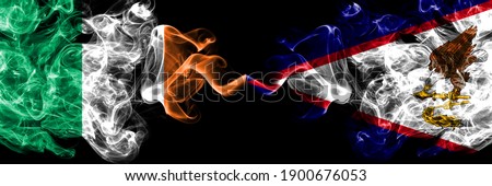 Republic of Ireland, Irish vs United States of America, America, US, USA, American, American Samoa smoky mystic flags placed side by side. Thick colored silky abstract smoke flags.