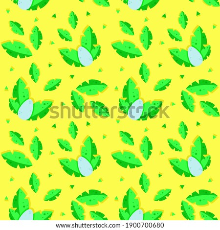 Seamless pattern. Vector graphics. 10 eps. Tropical leaves, dinosaur theme. Yellow background. For the design of fabrics, clothes, wallpapers, prints, covers, advertising, presentation, web site. 