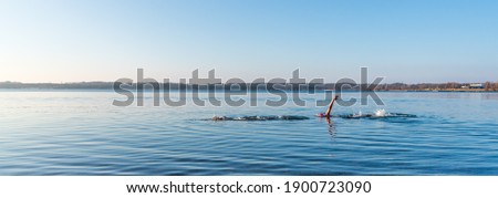 Two athletes swimming in a lake panorama Royalty-Free Stock Photo #1900723090