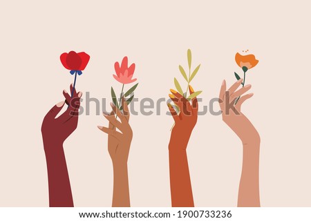 Set of female hands holding beautiful flowers. Different skin colored elegant woman hands isolated. Happy international women's day. Girl power. Feminism. Modern vector illustration in flat style Royalty-Free Stock Photo #1900733236