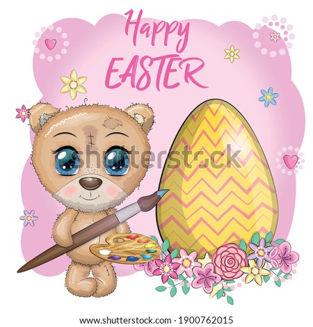 Cute bear with a brush and an ornate egg, phrase Happy Easter. Easter eggs, branches with leaves, flowers, greeting card