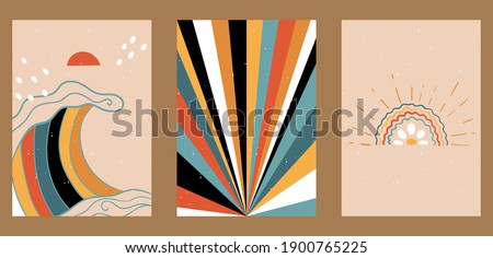 Set of three abstract pop art aesthetic backgrounds with different shapes, boho rainbow, waves, dots, thin lines. Trendy colorful vector illustration for social networks, web design, in vintage style. Royalty-Free Stock Photo #1900765225