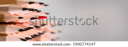 one red pencil among simple pencils on a gray horizontal banner on the left
