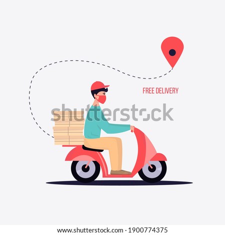 Courier delivers parcels. Delivery concept. Free delivery design. Carrier in a mask on a motorbike. Delivery service during coronavirus. Cartoon vector illustration