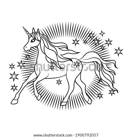 Cute magical unicorn. Vector outline isolated on white background. Romantic hand drawing illustration for children. Coloring pictures.