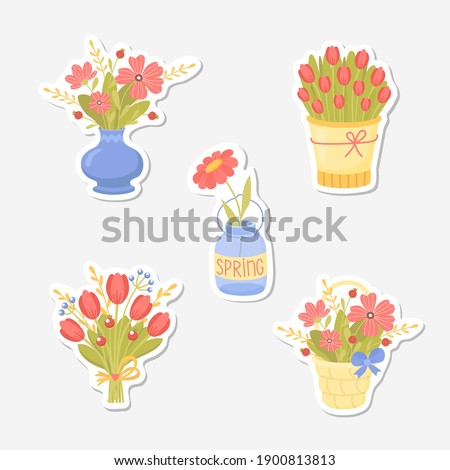 Set of stickers with cute bouquets of spring flowers. Can be used for greeting card, label, banner, invitation. Vector illustration