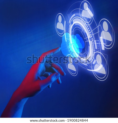 hand touching cloud symbol in neon lighting, business cloud storage network concept, networking communication, data provision and cloud computing services Royalty-Free Stock Photo #1900824844