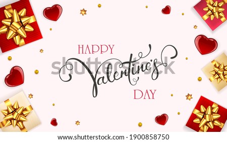 Valentines background with holiday decorations, gifts, hearts and stars. Black lettering Happy Valentine's Day. Illustration can be used for holiday design, posters, cards, websites, banners.