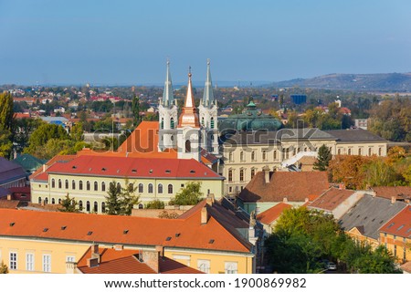 Beautiful view on roofs and towers in Watertown (old town under castle) in Esztergom, Hungary at sunny day.