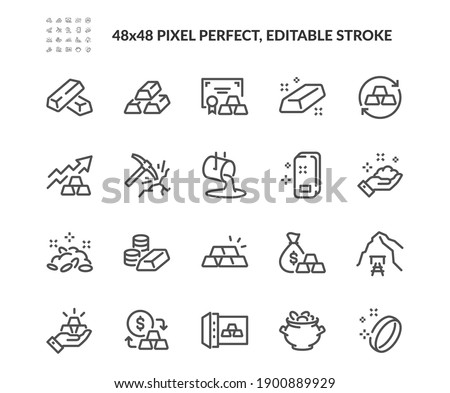 Simple Set of Gold Related Vector Line Icons. Contains such Icons as Price Change, Mine, Stack of Gold Bars and more. Editable Stroke. 48x48 Pixel Perfect. Royalty-Free Stock Photo #1900889929